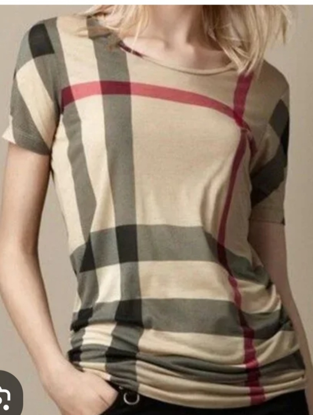 Burberry Plaid Short Sleeve T-Shirt with Red Accent
